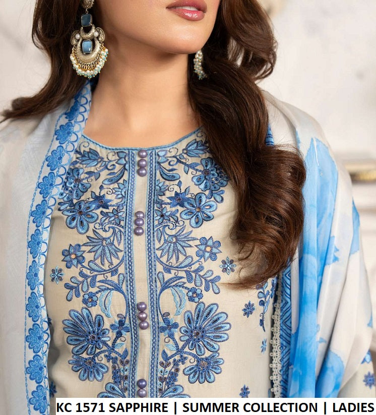KC TABEER 1571 SAPPHIRE Pakistani women's cotton embroidered long shirt detail view