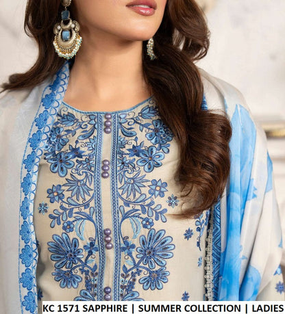 KC TABEER 1571 SAPPHIRE Pakistani women's cotton embroidered long shirt detail view