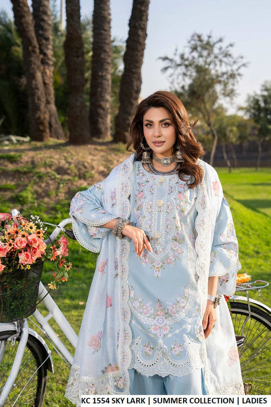 Sky lark blue cotton Pakistani women's short shirt with farshi shalwar side view
