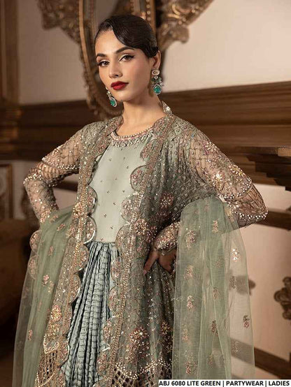 Pakistani women's light green chiffon short frock detail view