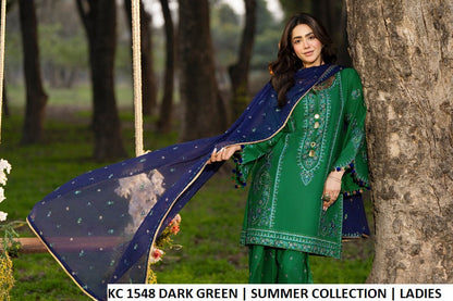 Pakistani women's dark green cotton embroidered short shirt detail view