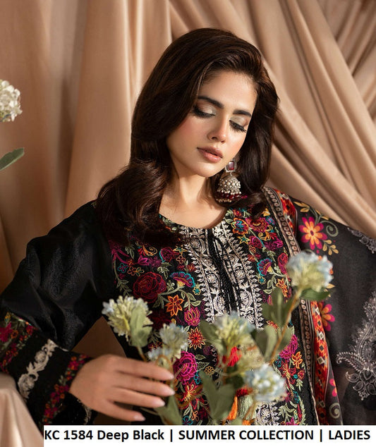 KC Ayra 1584 DEEP BLACK - Deep Black Khaadi Silk Embroidered 3-Piece Women's Pakistani Suit