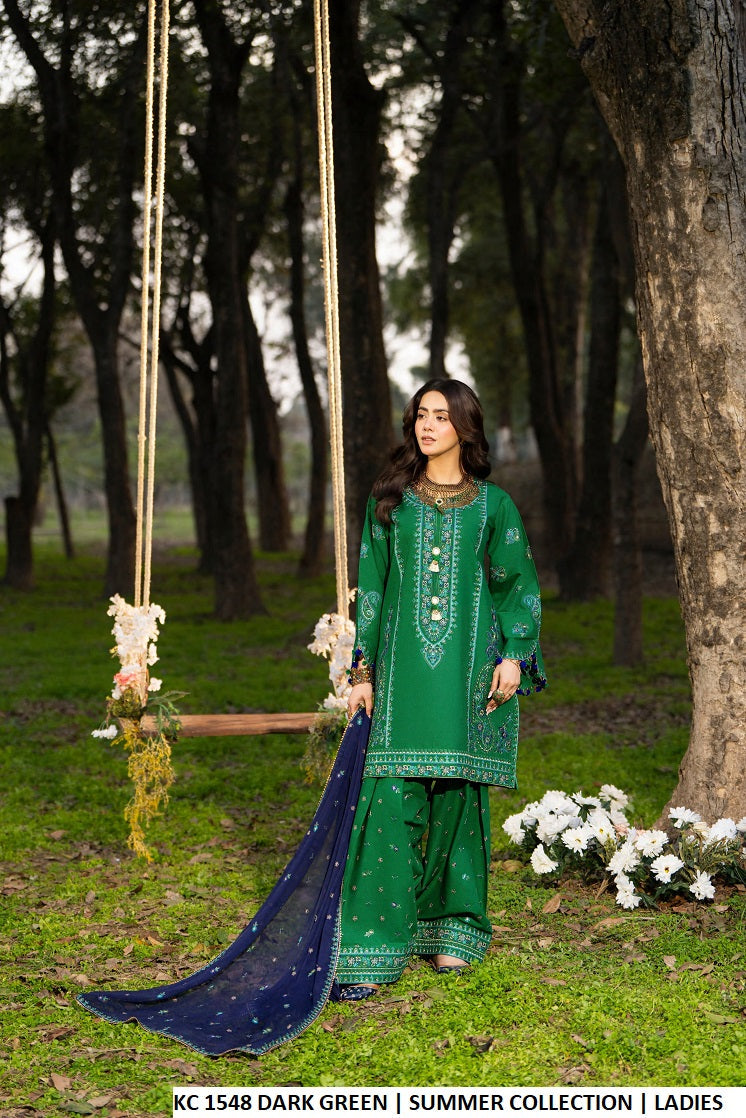 Cotton short shirt embroidered dark green - Pakistani women's casual festive outfit with crinkle chiffon dupatta front view
