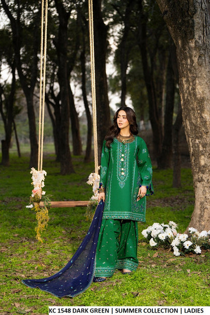 Cotton short shirt embroidered dark green - Pakistani women's casual festive outfit with crinkle chiffon dupatta front view