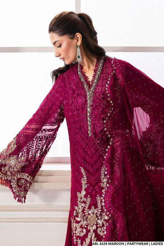 Maroon organza Pakistani women's A-Line shirt side view