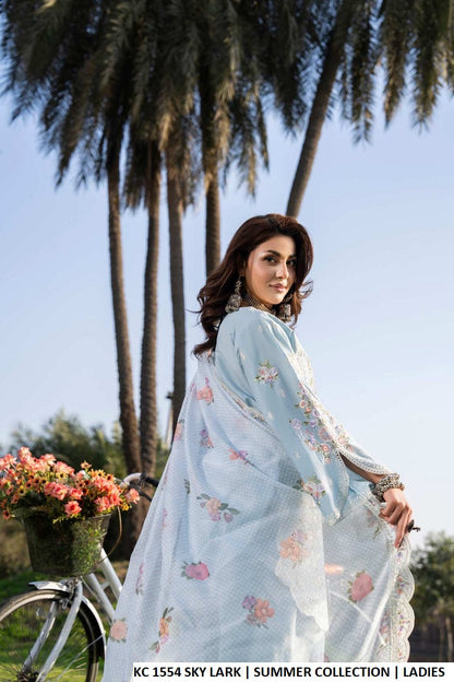 Pakistani women's sky lark blue cotton short shirt farshi shalwar back view