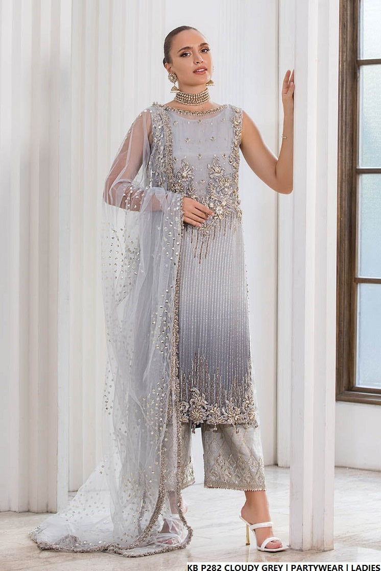 Hand embroidered luxury suit cloudy grey - Pakistani women's bridal formal wear with embroidered dupatta front view