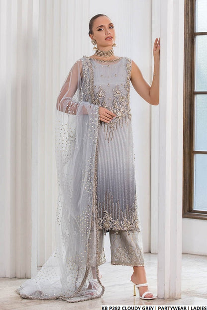 Hand embroidered luxury suit cloudy grey - Pakistani women's bridal formal wear with embroidered dupatta front view