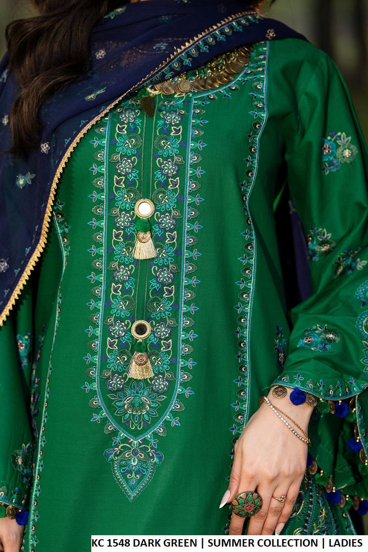 Pakistani women's dark green cotton embroidered short shirt full view