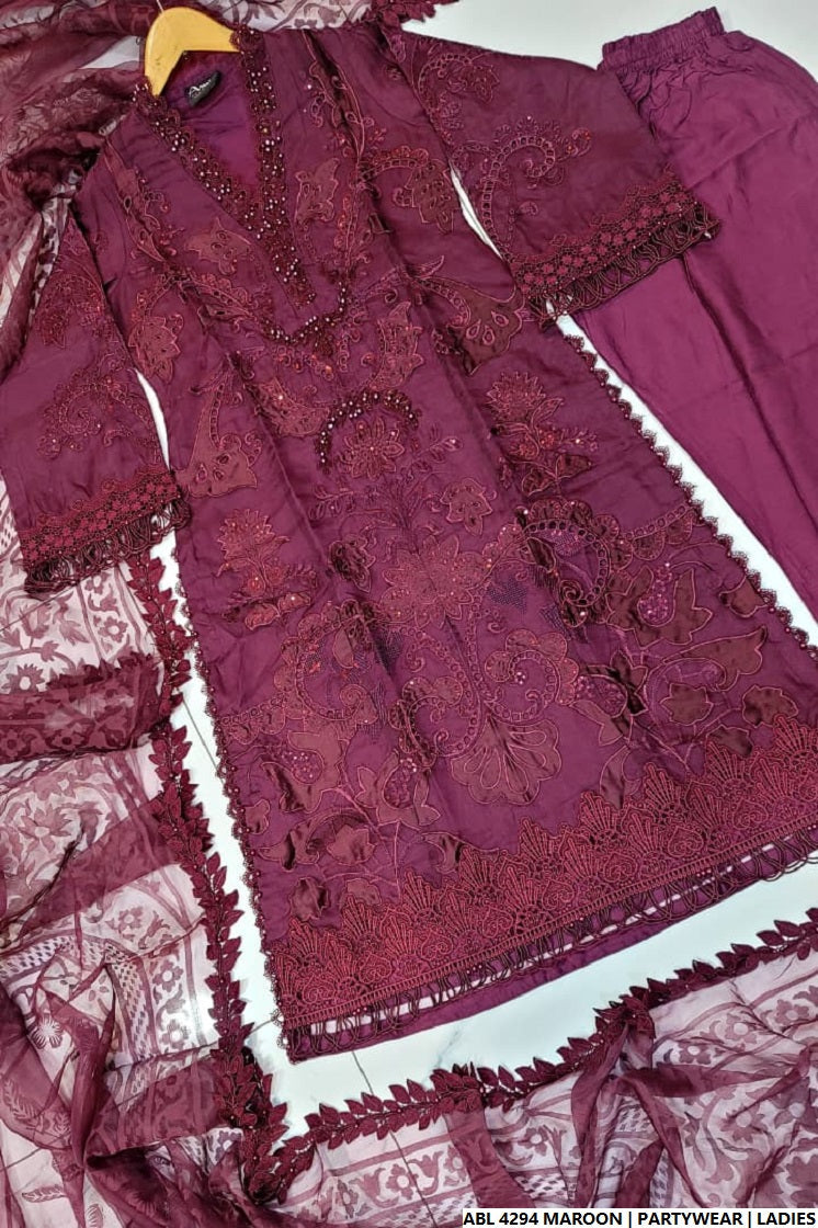 Pakistani women's maroon chiffon A-Line shirt back view