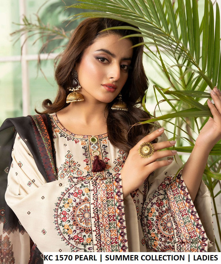 KC TABEER 1570 PEARL Pakistani women's cotton kashmiri embroidered long shirt detail view