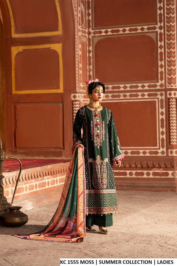 Cotton A-Line shirt plazo moss green - Pakistani women's casual outfit with digital print dupatta front view