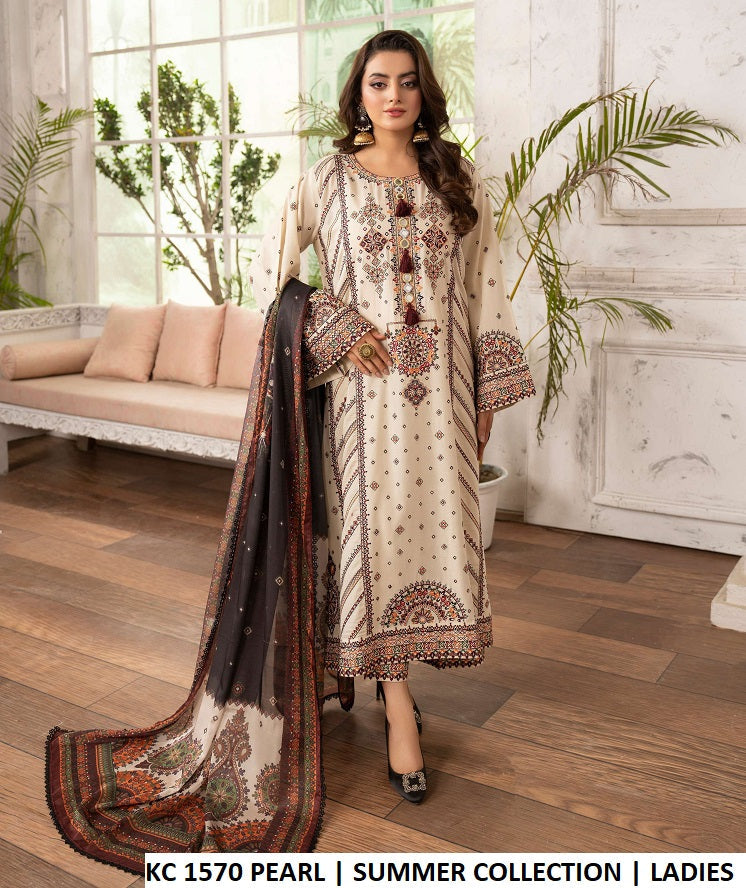 Cotton kashmiri embroidery long shirt KC TABEER 1570 PEARL - Pakistani women's casual outfit with silk dupatta front view