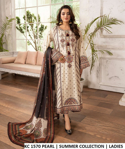 Cotton kashmiri embroidery long shirt KC TABEER 1570 PEARL - Pakistani women's casual outfit with silk dupatta front view