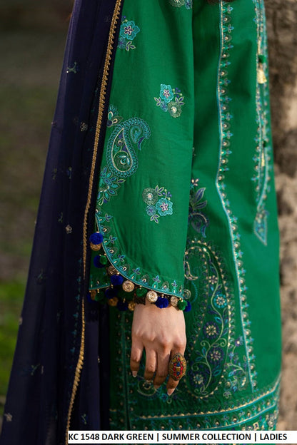 Pakistani women's dark green cotton embroidered short shirt back view