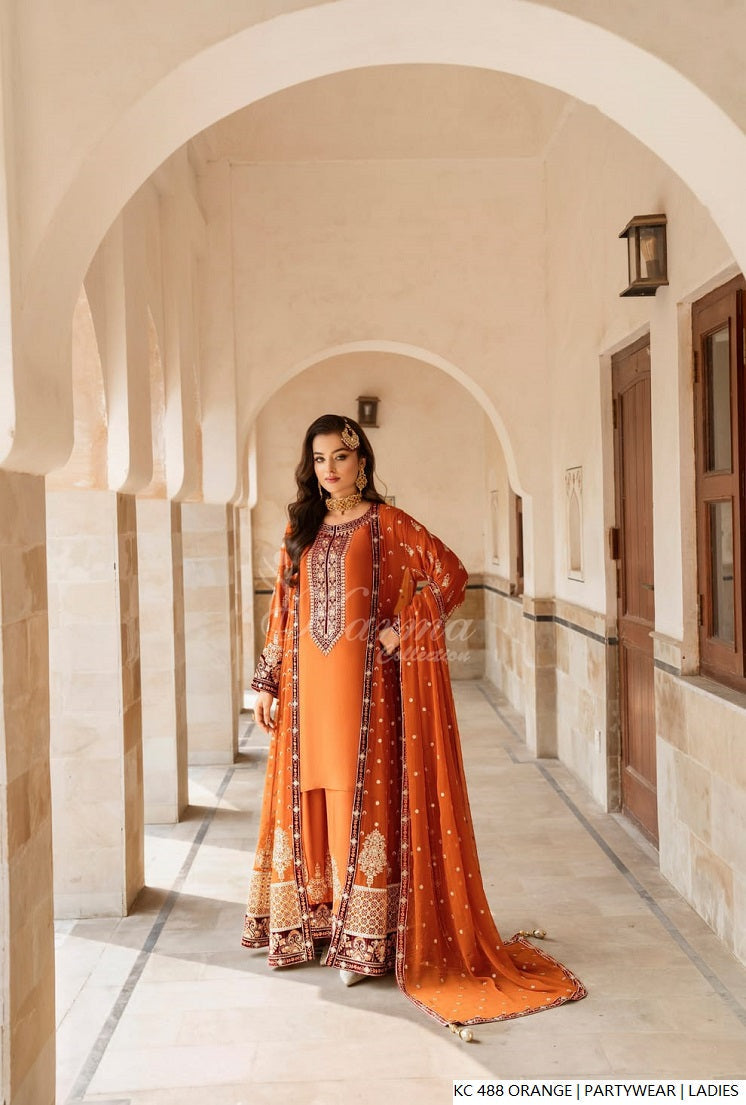 Silk long kaftan plazo orange - Pakistani women's luxury formal wear with silk dupatta front view