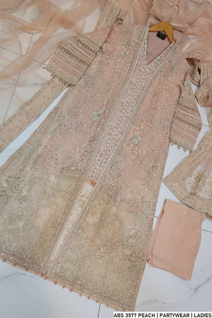 Pakistani women's peach organza straight shirt back view