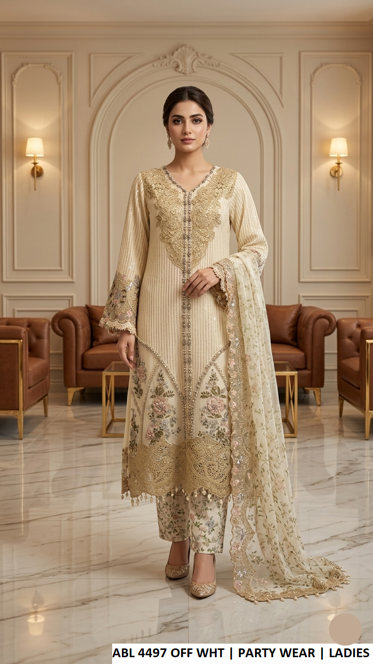 ABL 4497 OFF WHITE - Off White Chiffon 3-Piece Women's Plazo Suit Pakistan