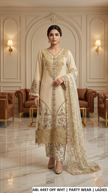 ABL 4497 OFF WHITE - Off White Chiffon 3-Piece Women's Plazo Suit Pakistan
