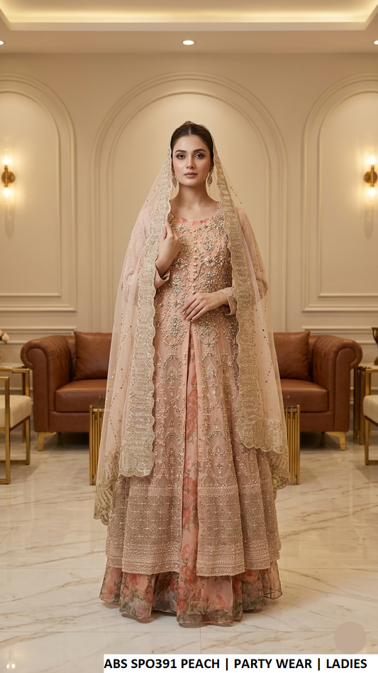 Peach embroidered long gown with net dupatta, Pakistani women's formal party wear