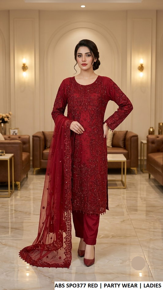 ABS SPO377 RED - Red Net Straight 3-Piece Women's Pakistani Suit