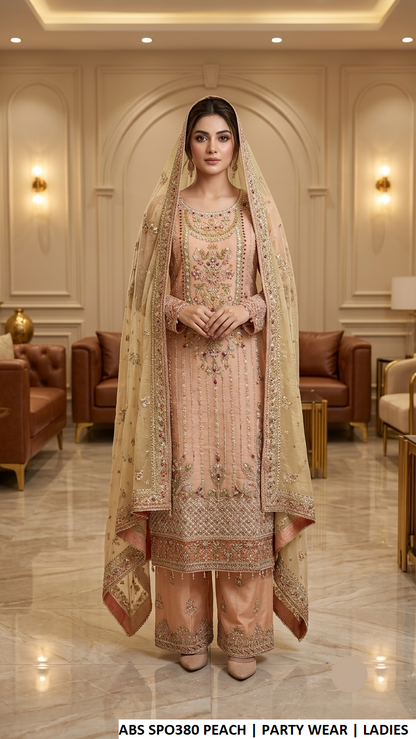 ABS SPO380 PEACH - Peach Organza 3-Piece Women's Pakistani Plazo Suit