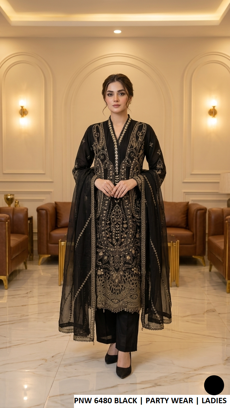 PNW 6480 BLACK - Black Chiffon Straight 3-Piece Women's Pakistani Plazo Suit