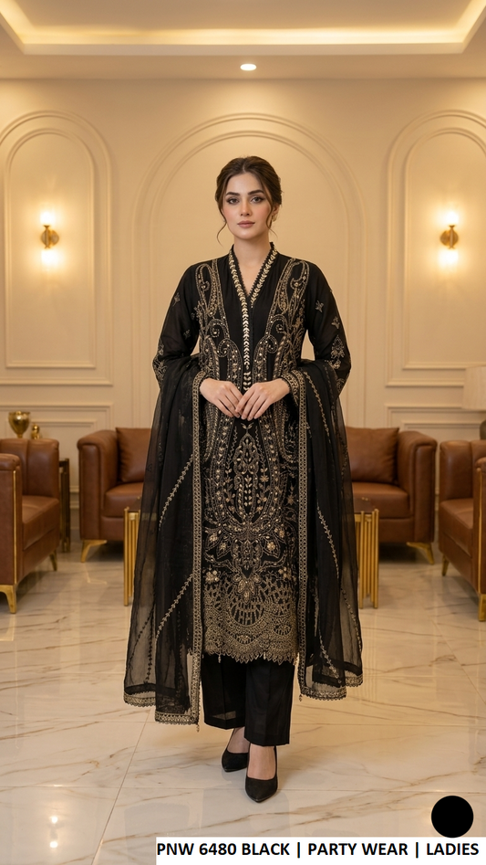 PNW 6480 BLACK - Black Chiffon Straight 3-Piece Women's Pakistani Plazo Suit