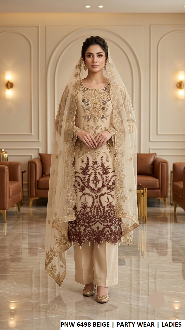 PNW 6498 BEIGE - Beige Chiffon 3-Piece Women's Pakistani Plazo Suit