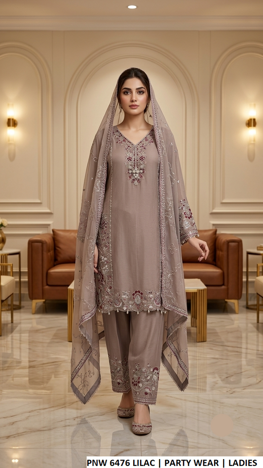 PNW 6476 LILAC - Lilac Chiffon Straight 3-Piece Women's Pakistani Suit with Plazo