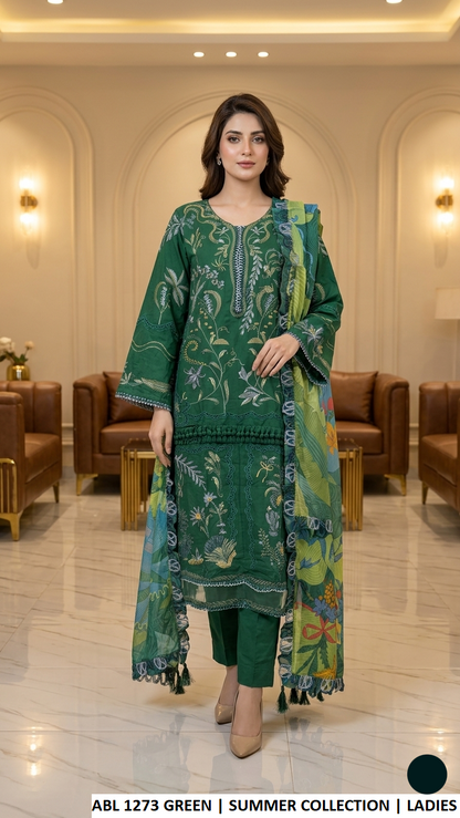 ABL 1273 GREEN - Green Cotton Straight 3-Piece Women's Pakistani Suit