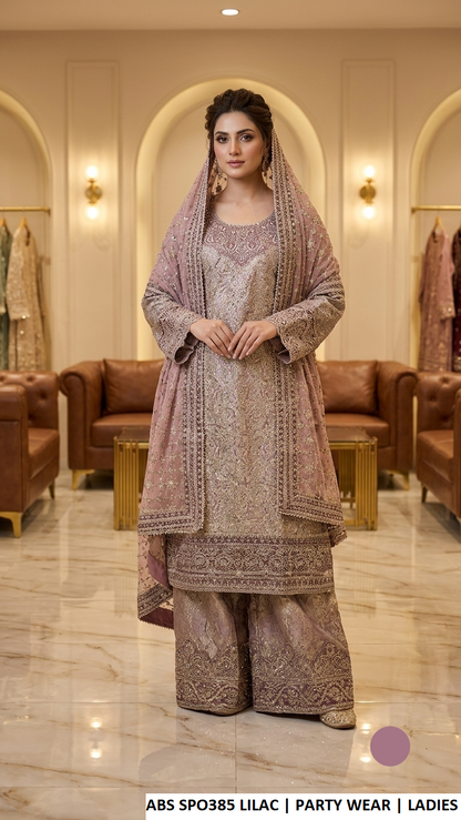 ABS SPO385 LILAC - Lilac Jamawar Straight 3-Piece Women's Pakistani Plazo Suit
