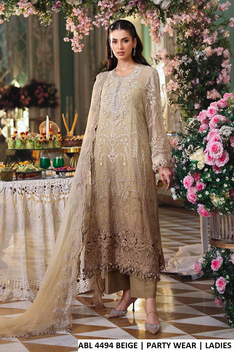 ABL 4494 BEIGE - Beige Chiffon Straight Plazo 3-Piece Women's Pakistani Suit