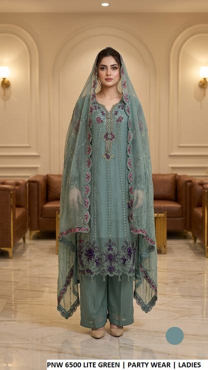 PNW 6500 LITE GREEN - Lite Green Chiffon Straight 3-Piece Women's Pakistani Plazo Suit