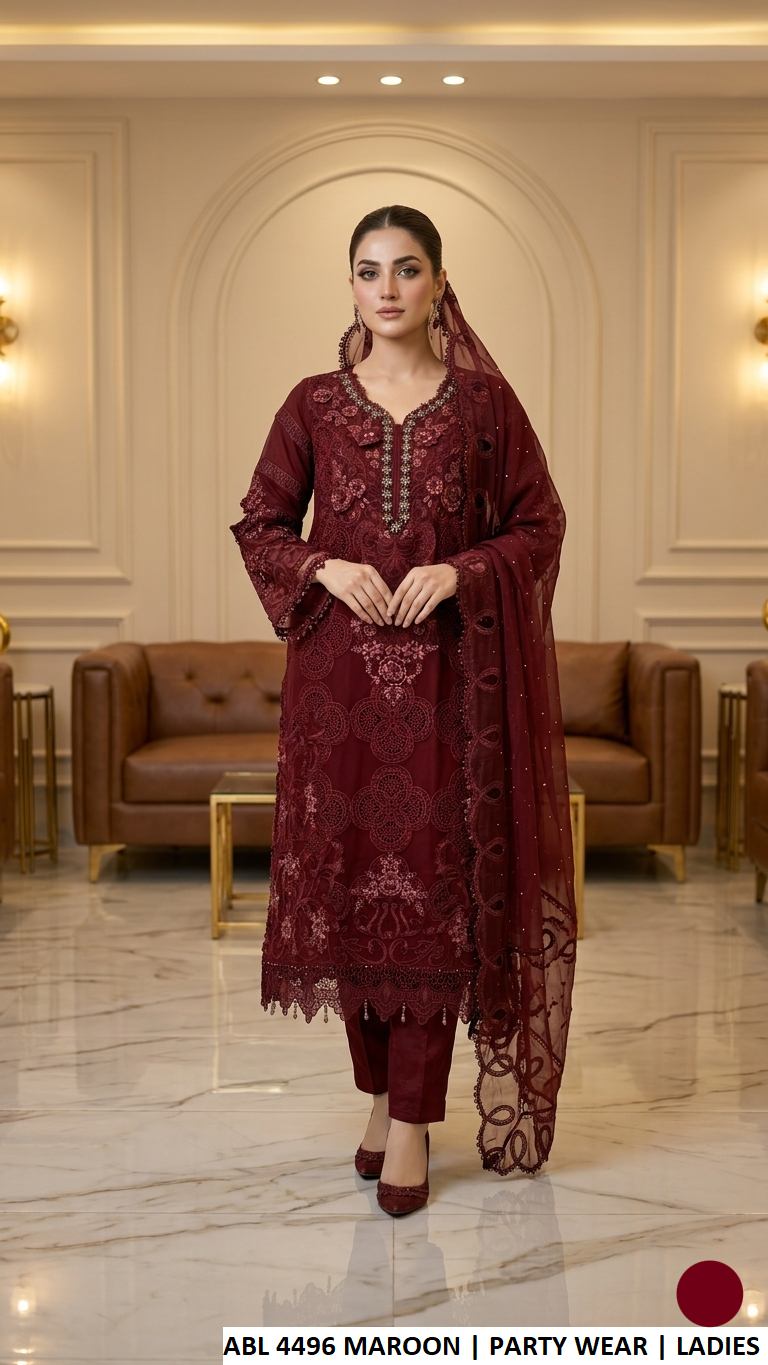 ABL 4496 MAROON - Maroon Chiffon 3-Piece Women's Pakistani Suit with Trousers