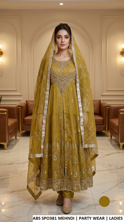 ABS SPO381 MEHNDI - Mehndi Chiffon Open Frock 3-Piece Women's Pakistani Suit
