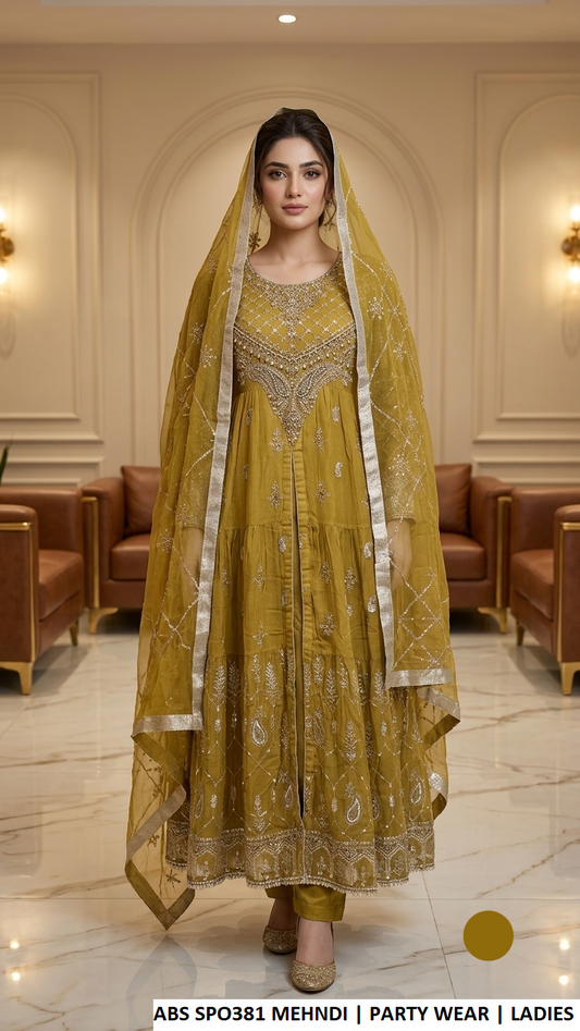 ABS SPO381 MEHNDI - Mehndi Chiffon Open Frock 3-Piece Women's Pakistani Suit