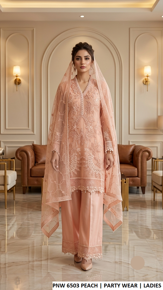 PNW 6503 PEACH - Peach Chiffon Straight 3-Piece Women's Pakistani Plazo Suit