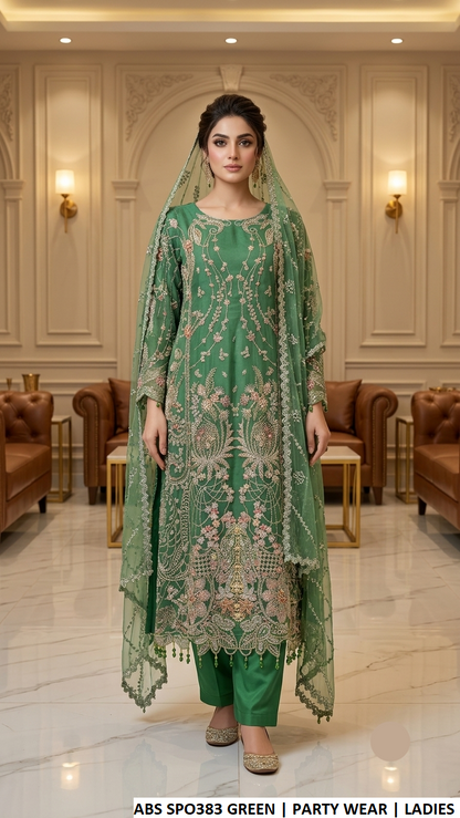ABS SPO383 GREEN - Green Organza A-Line 3-Piece Women's Pakistani Plazo Suit