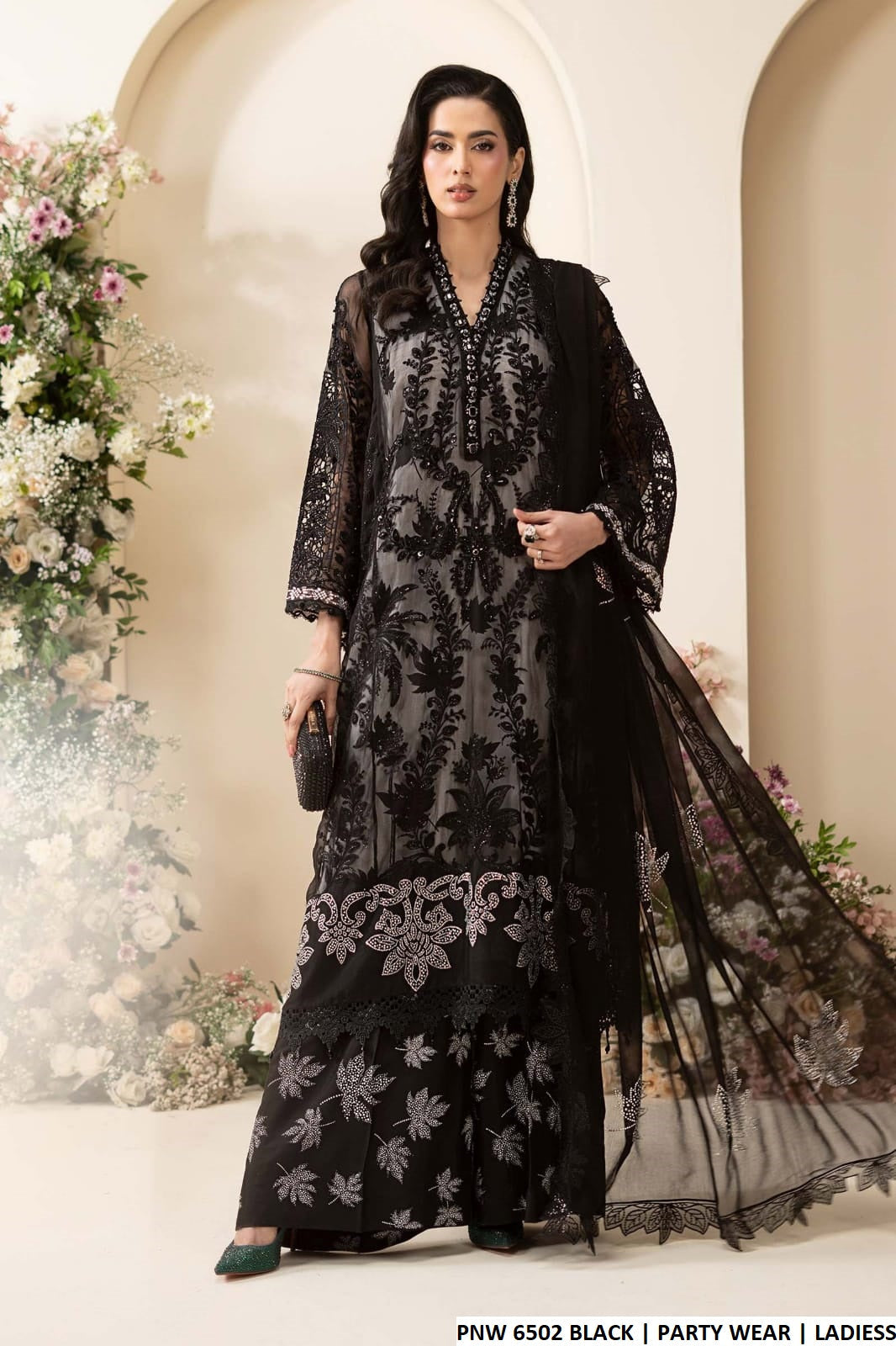 PNW 6502 BLACK - Black Chiffon Straight 3-Piece Women's Pakistani Plazo Suit