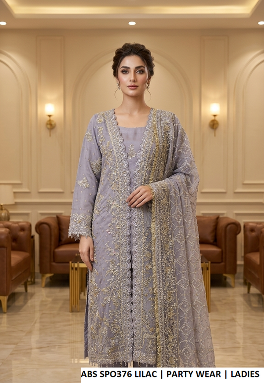 ABS SPO376 LAVENDAR - Lavender Organza 3-Piece Women's Pakistani Open Shirt Plazo Suit