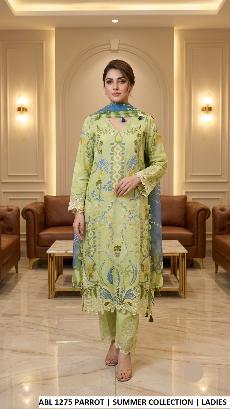 ABL 1275 PARROT - Parrot Green Poly Lawn Straight 3-Piece Women's Pakistani Suit
