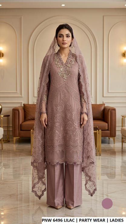 PNW 6496 LILAC - Lilac Chiffon Straight 3-Piece Women's Pakistani Plazo Suit