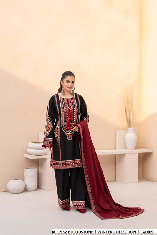 Silk short shirt farshi shalwar blood stone red - Pakistani women's traditional formal outfit front view