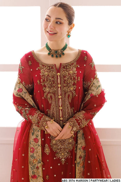 Pakistani women's maroon organza straight shirt detail view