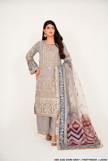 Chiffon straight shirt plazo ABS 3182 - Pakistani women's party wear with grip plazo and organza dupatta front view
