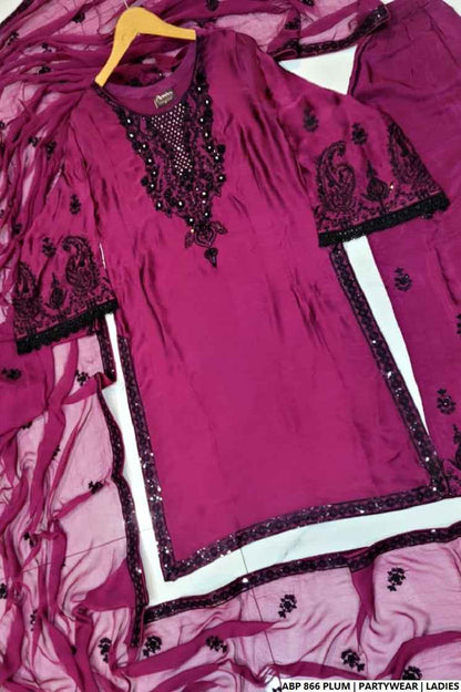 Pakistani women's plum silk straight shirt back view