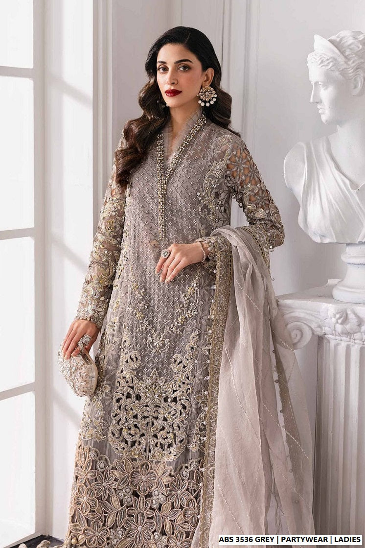 Organza straight shirt grey - Pakistani women's elegant formal wear with viscose trouser and organza dupatta front view