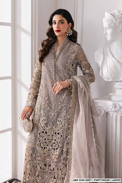 Organza straight shirt grey - Pakistani women's elegant formal wear with viscose trouser and organza dupatta front view