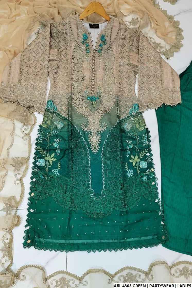 Pakistani women's green organza A-Line shirt detail view